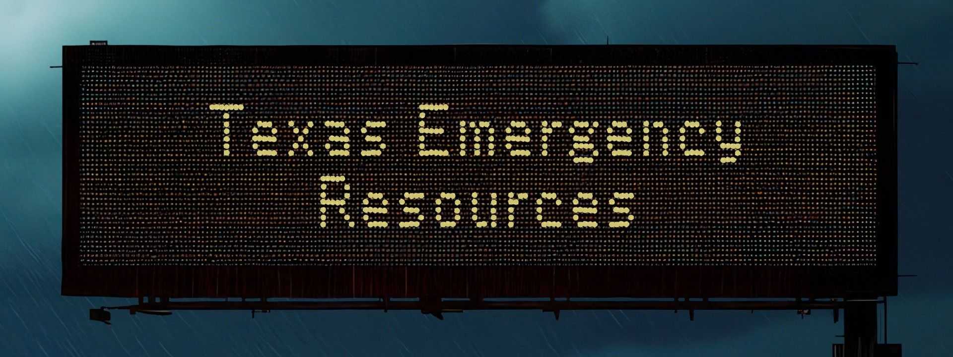 Electronic highway sign in rainy conditions reads “Texas Emergency Resources" with blurred traffic and lights below in a stormy scene.
