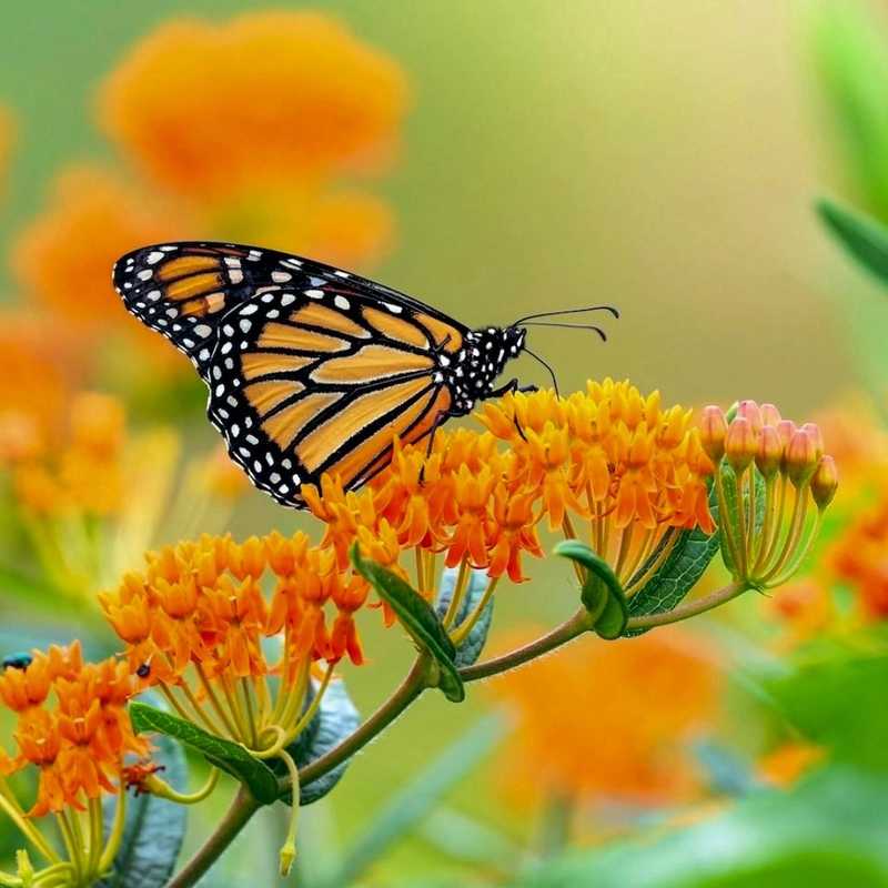 A Monarch butterfly with orange and black wings perched on the vibrant orange flower clusters of a Butterfly Weed plant, also known as Milkweed.