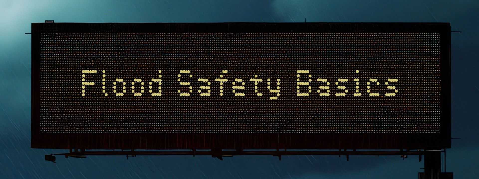 Electronic highway sign in rainy conditions reads “Flood Safety Basics" with blurred traffic and lights below in a stormy scene.