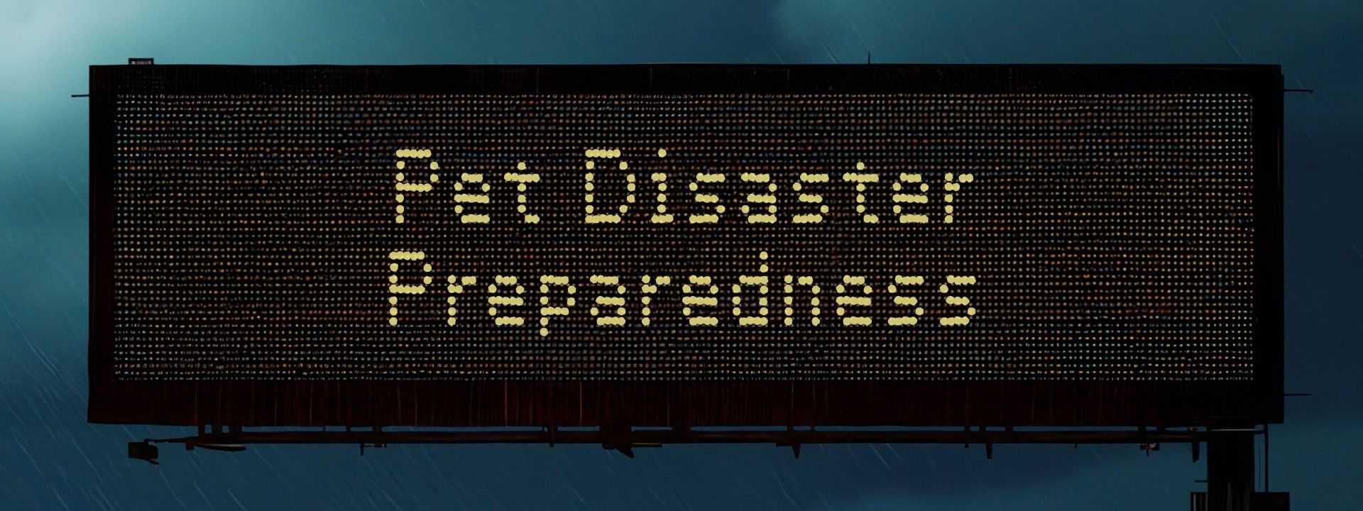 Electronic highway sign in rainy conditions reads “Pet Disaster Preparedness” with blurred traffic and lights below in a stormy scene.